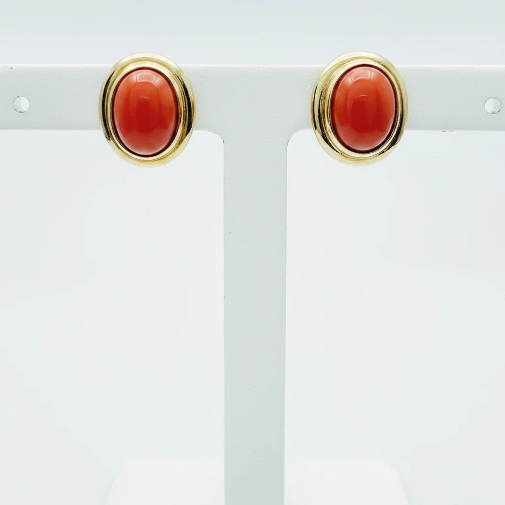9ct YG Oval Coral Rubover set Stud Earrings