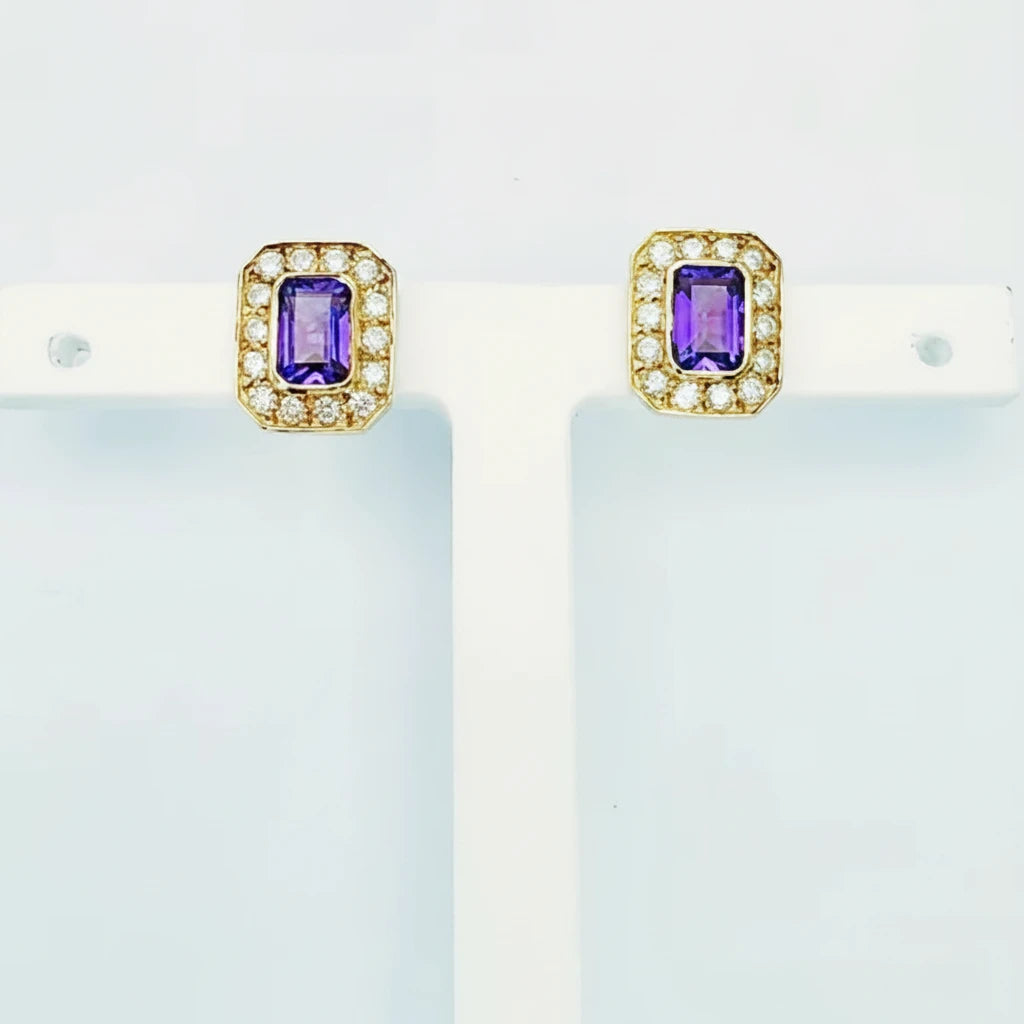9ct YG Amethyst and Diamond Cluster Stud Earrings