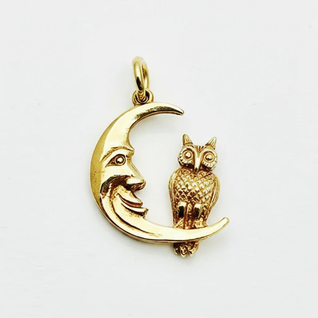 9ct YG Owl and Moon Charm