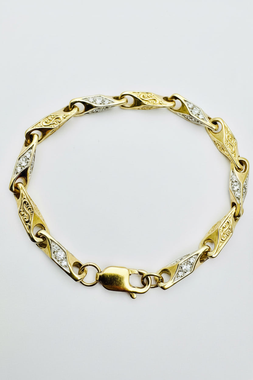 Women's Thick 9ct Y&WG Pattern and CZ set Bar Bracelet