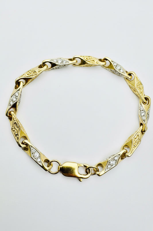 Women's Thick 9ct Y&WG Pattern and CZ set Bar Bracelet