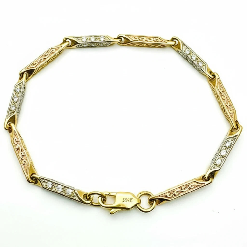 Women's Thin 9ct Y&WG Pattern and CZ set Bar Bracelet