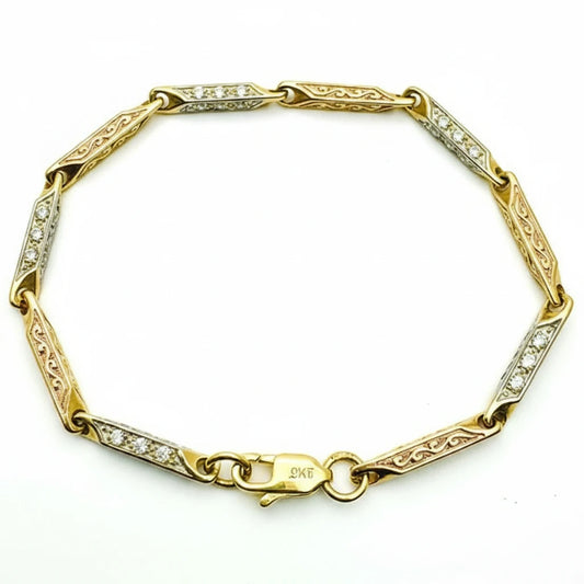 Women's Thin 9ct Y&WG Pattern and CZ set Bar Bracelet