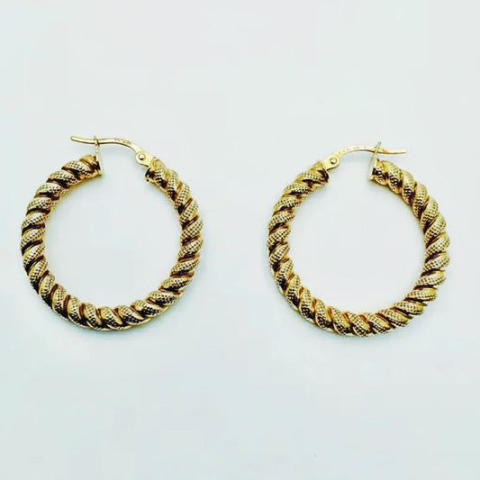 Medium 9ct YG Pattern Twisted Creole Earrings