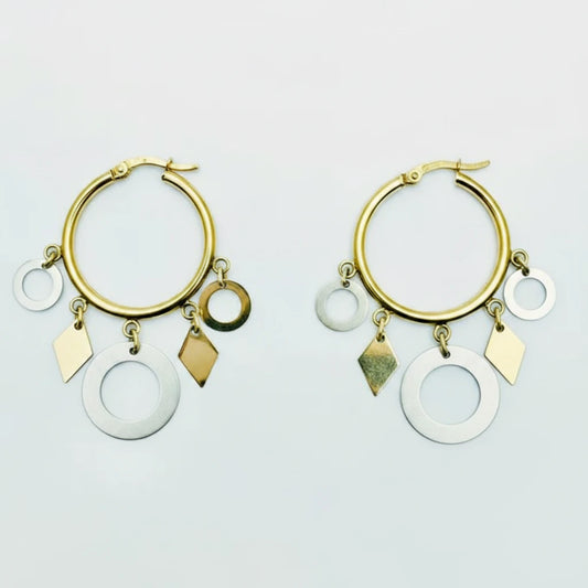 Medium 9ct Y&WG Hoop Dropper Earrings