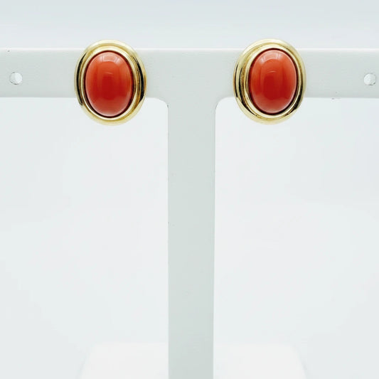 9ct YG Oval Coral Rubover set Stud Earrings