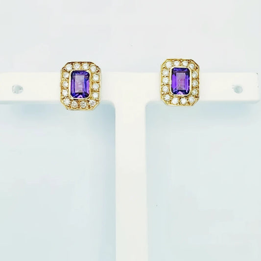 9ct YG Amethyst and Diamond Cluster Stud Earrings