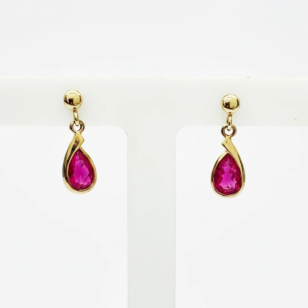 9ct YG Pear Shape Ruby Stud Dropper Earrings