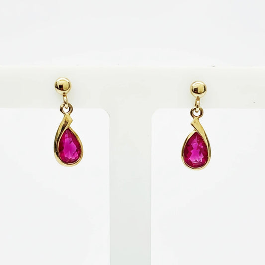9ct YG Pear Shape Ruby Stud Dropper Earrings