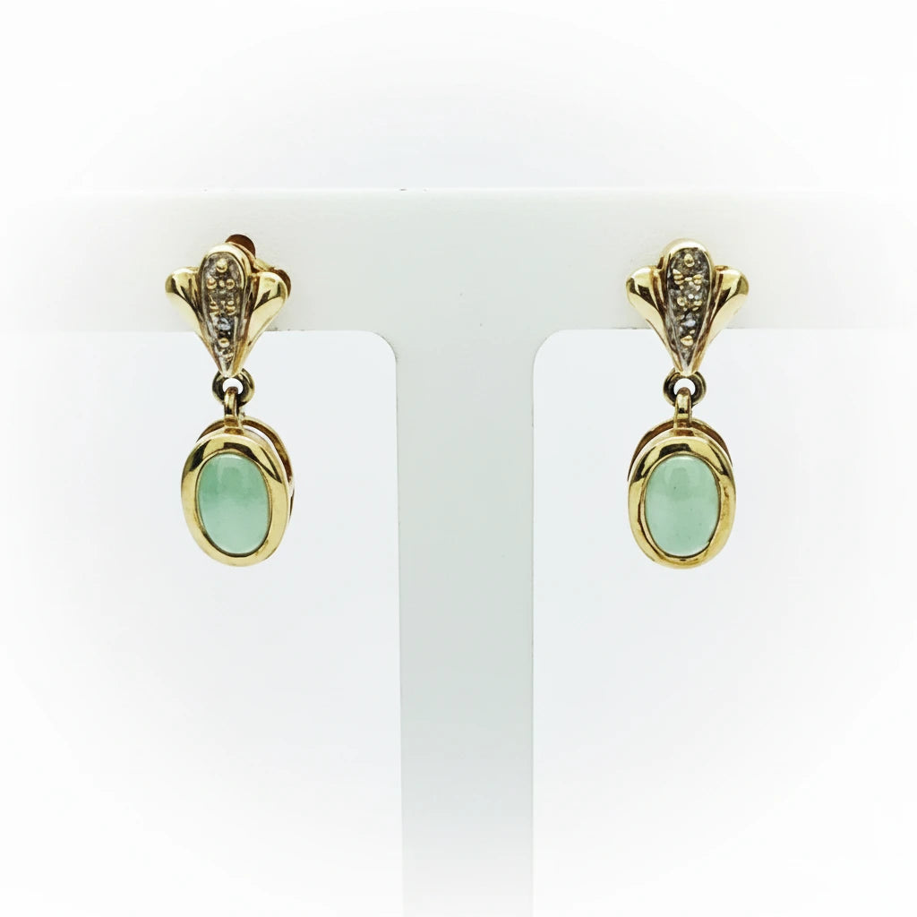 9ct YG Jadite and Diamond Set Stud Dropper Earrings