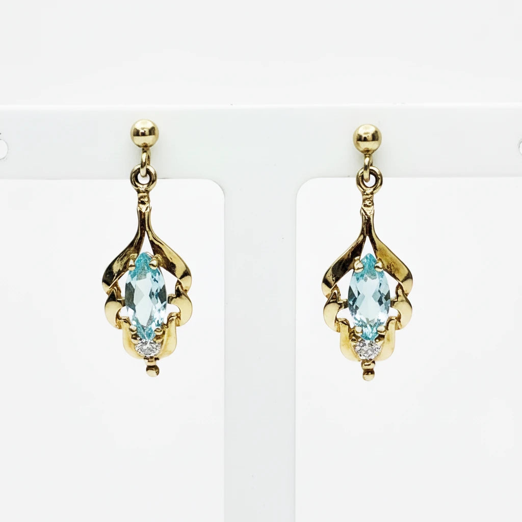 9ct YG Aquamarine and CZ Stud Dropper Earrings