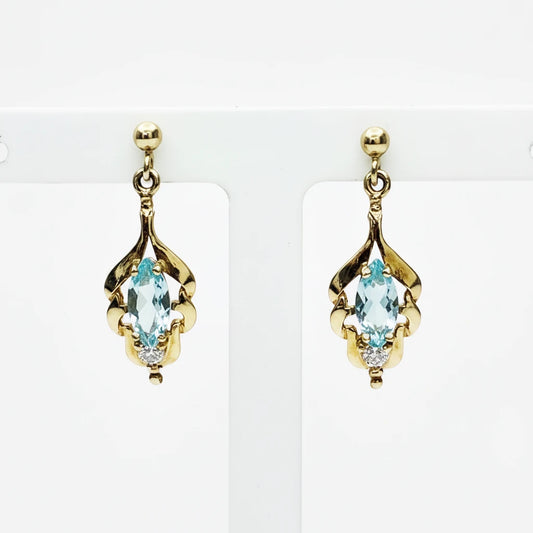 9ct YG Aquamarine and CZ Stud Dropper Earrings