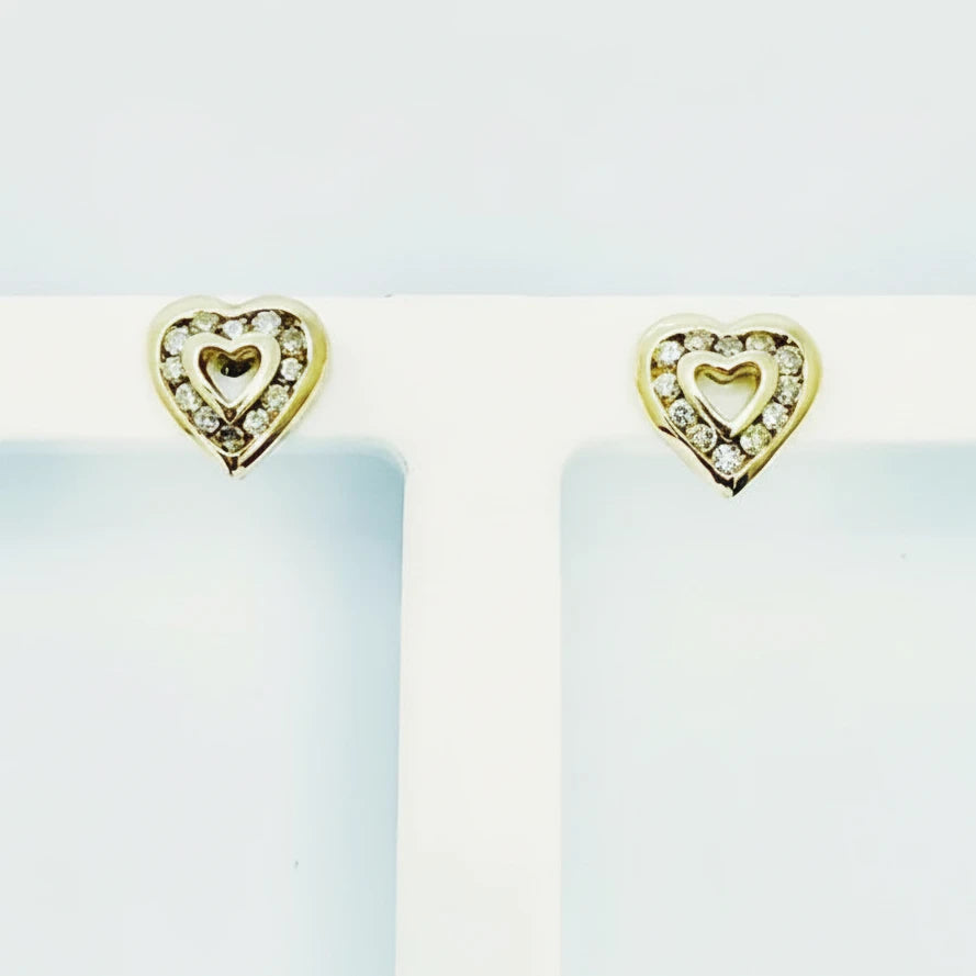 9ct YG Open Channel Set Diamond Heart Stud Earrings