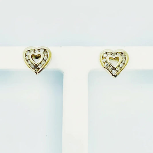 9ct YG Open Channel Set Diamond Heart Stud Earrings