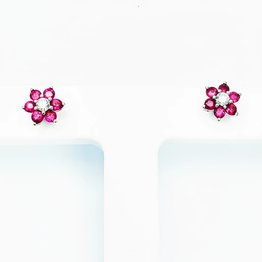 18ct WG Ruby and Diamond Flower Stud Earrings