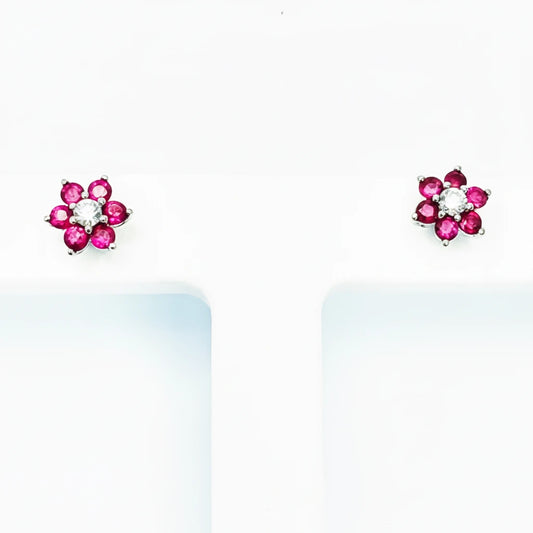18ct WG Ruby and Diamond Flower Stud Earrings