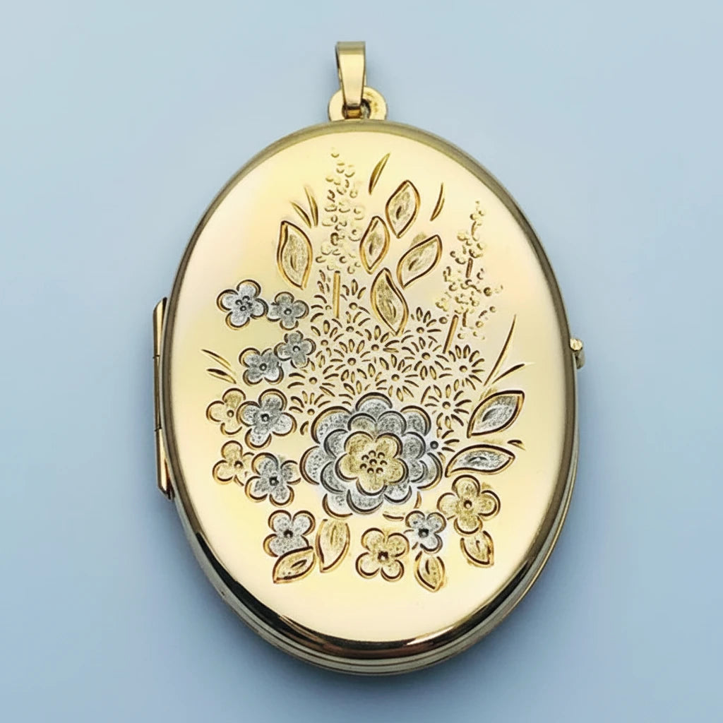 9ct YG Large Oval Flower Engraved Locket