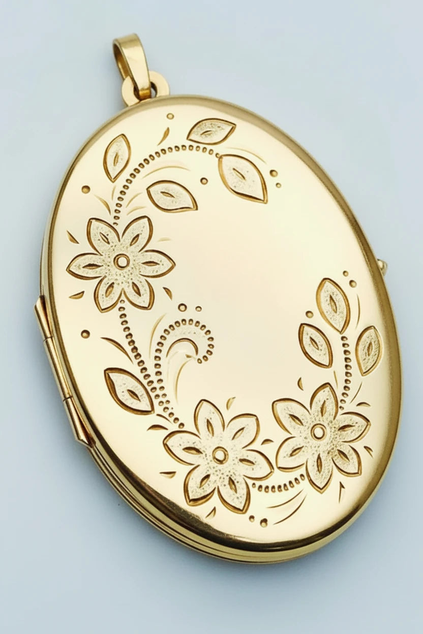 9ct YG Large Oval Flower Engraved Locket