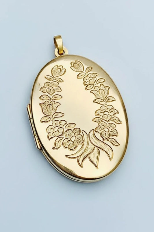 9ct YG Large Oval Flower Engraved Locket
