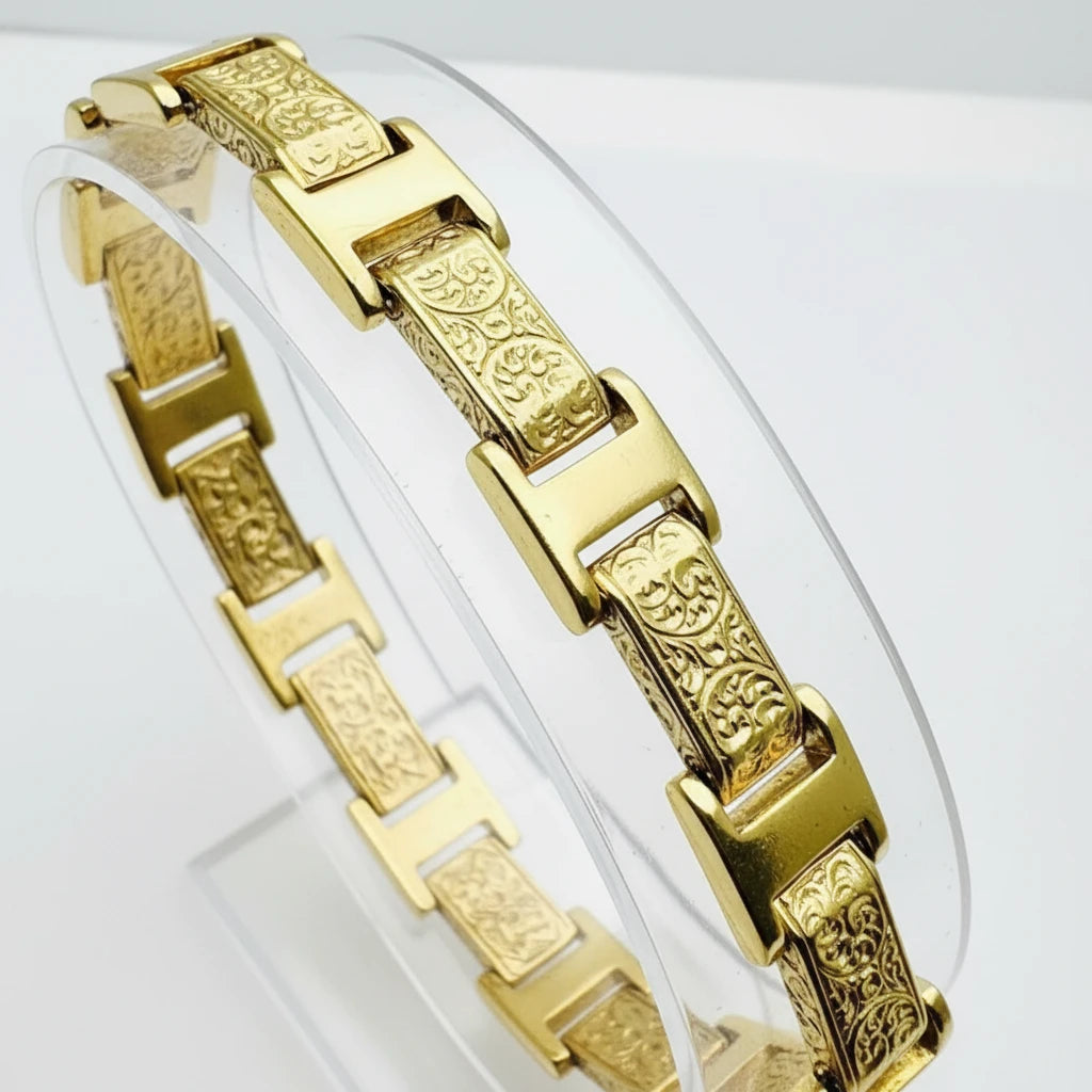 9ct YG Patterned Rectangular Fancy Link Bracelet